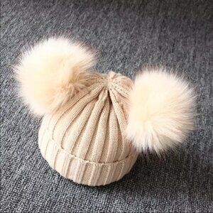 Beige Knitted Baby Beanie With 2 Pom Poms